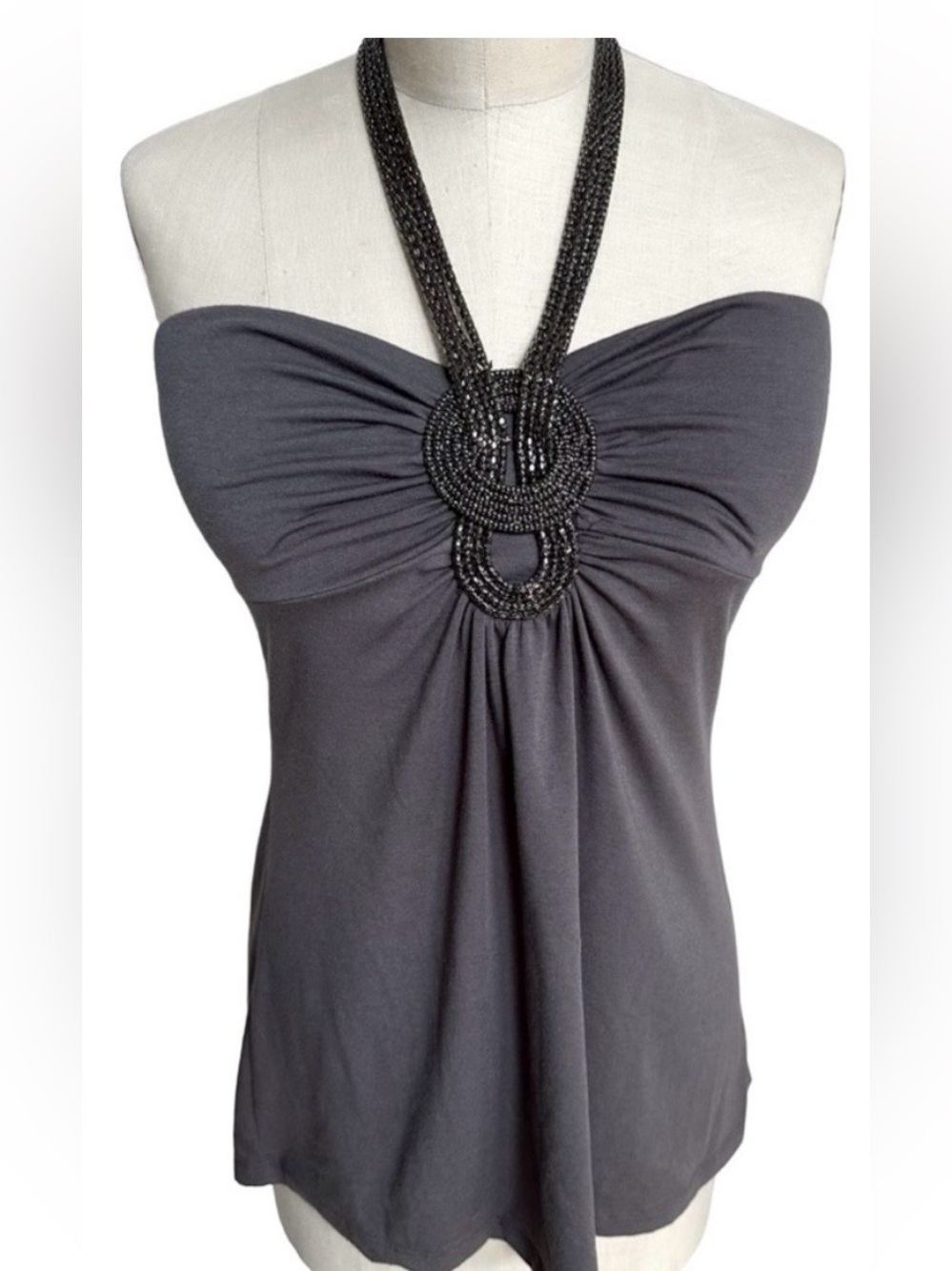 Body Central Beaded Trim Gray Jeweled Halter Top